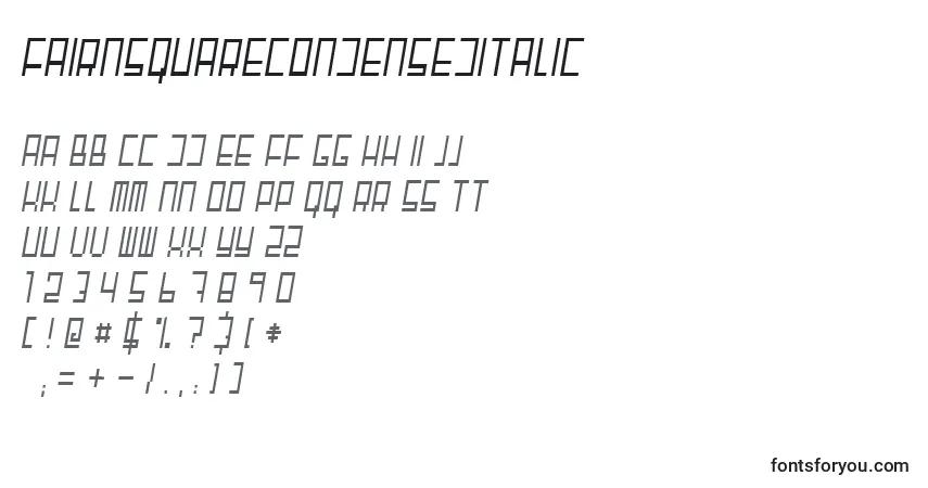 A fonte FairnsquareCondensedItalic – alfabeto, números, caracteres especiais