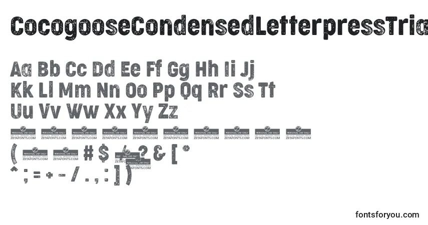 A fonte CocogooseCondensedLetterpressTrial – alfabeto, números, caracteres especiais
