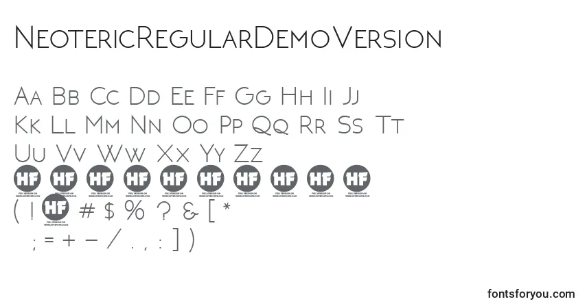 Czcionka NeotericRegularDemoVersion – alfabet, cyfry, specjalne znaki