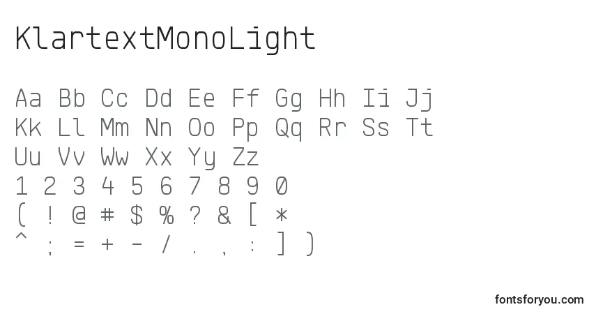 KlartextMonoLight-fontti – aakkoset, numerot, erikoismerkit