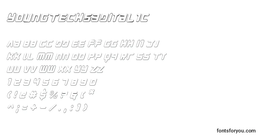 Шрифт YoungTechs3DItalic – алфавит, цифры, специальные символы