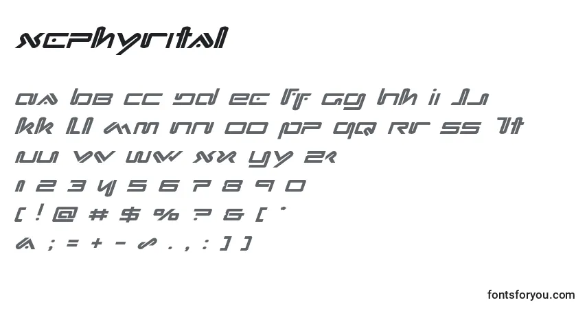 Schriftart Xephyrital – Alphabet, Zahlen, spezielle Symbole