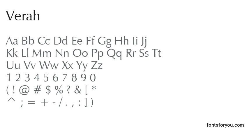 Czcionka Verah – alfabet, cyfry, specjalne znaki