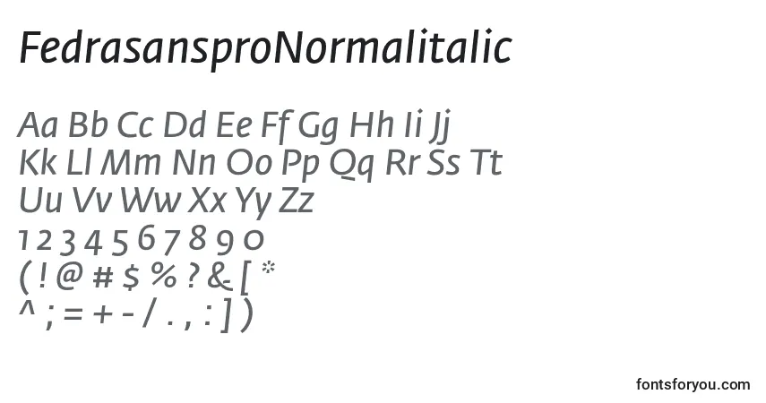 Schriftart FedrasansproNormalitalic – Alphabet, Zahlen, spezielle Symbole