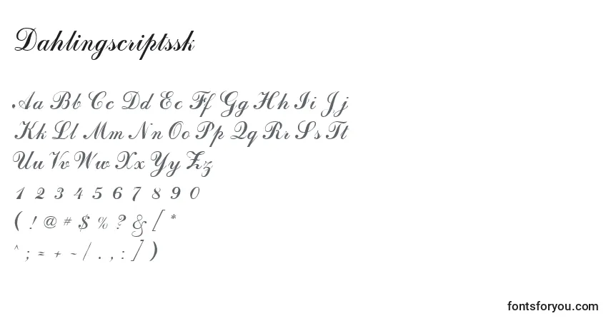 Czcionka Dahlingscriptssk – alfabet, cyfry, specjalne znaki