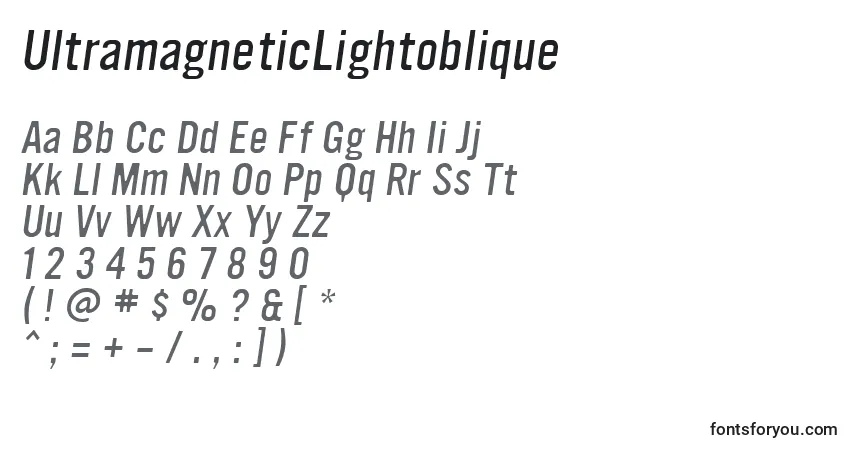 A fonte UltramagneticLightoblique – alfabeto, números, caracteres especiais