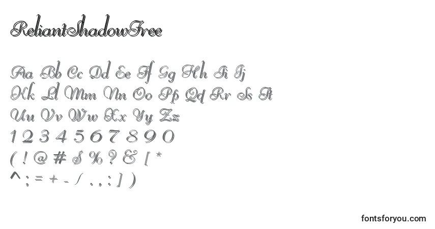 Czcionka ReliantShadowFree – alfabet, cyfry, specjalne znaki