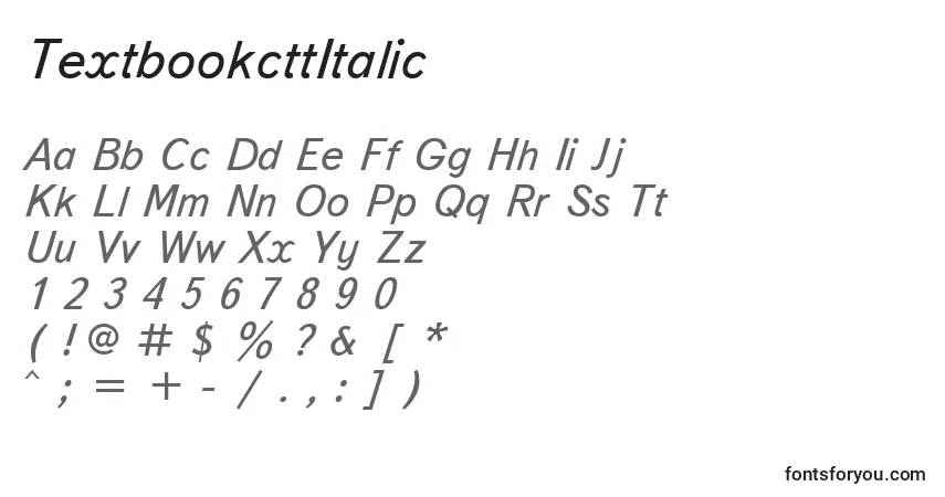Czcionka TextbookcttItalic – alfabet, cyfry, specjalne znaki