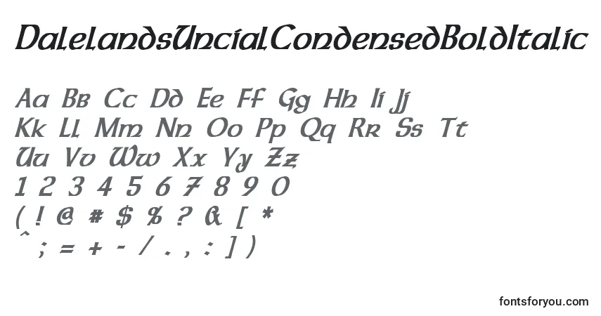 A fonte DalelandsUncialCondensedBoldItalic – alfabeto, números, caracteres especiais
