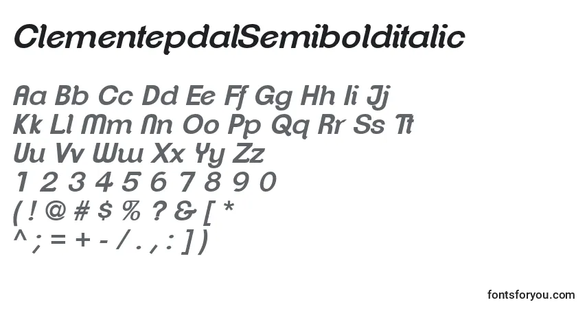 A fonte ClementepdalSemibolditalic – alfabeto, números, caracteres especiais