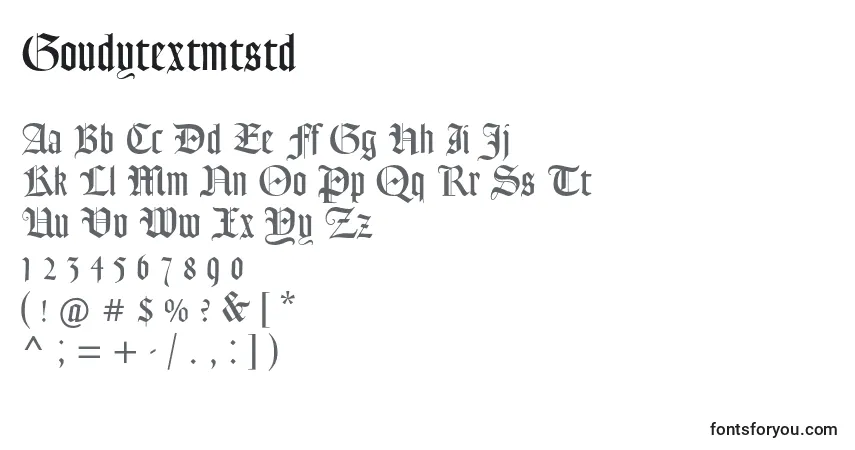 Czcionka Goudytextmtstd – alfabet, cyfry, specjalne znaki