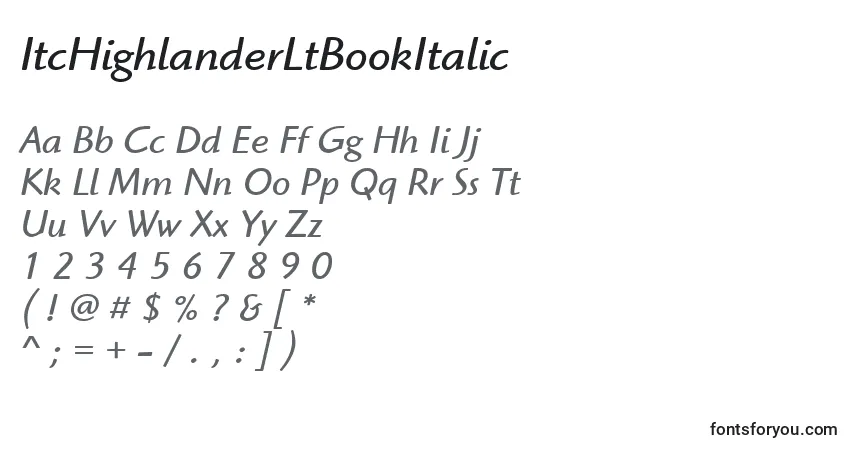 ItcHighlanderLtBookItalic-fontti – aakkoset, numerot, erikoismerkit