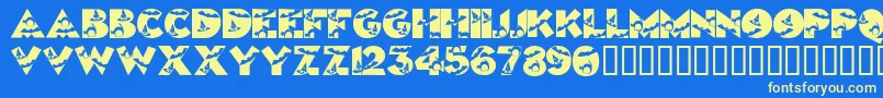 Halloweenkiddyfont-Schriftart – Gelbe Schriften auf blauem Hintergrund