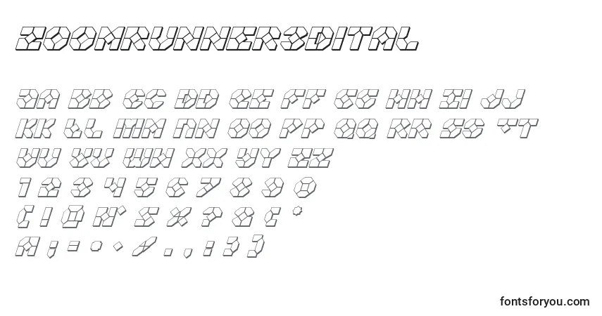 A fonte Zoomrunner3Dital – alfabeto, números, caracteres especiais
