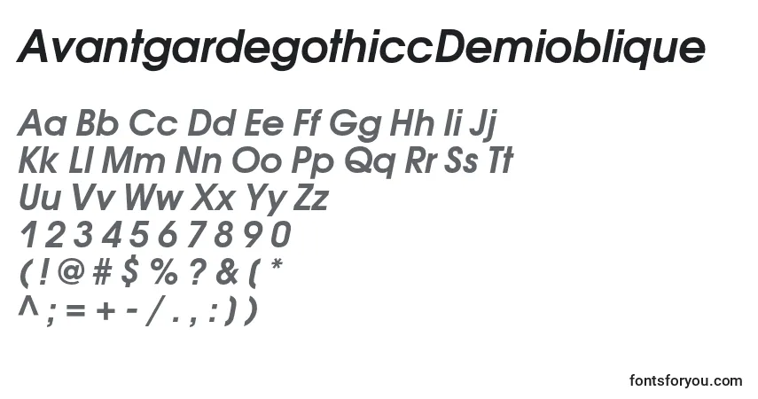 A fonte AvantgardegothiccDemioblique – alfabeto, números, caracteres especiais