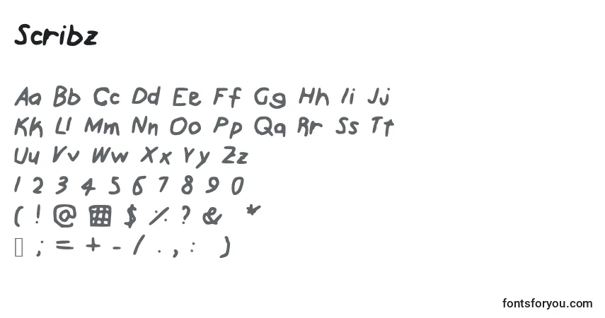 A fonte Scribz – alfabeto, números, caracteres especiais