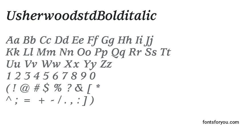 Шрифт UsherwoodstdBolditalic – алфавит, цифры, специальные символы