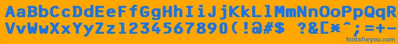 F25BankPrinterBold-Schriftart – Blaue Schriften auf orangefarbenem Hintergrund