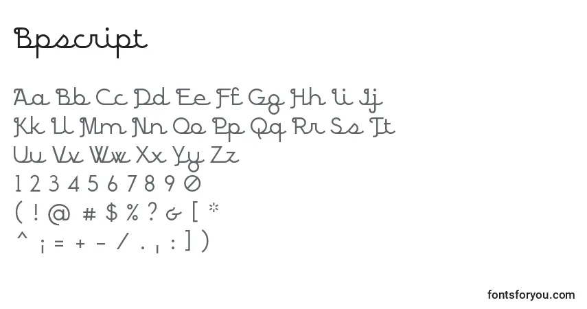 Czcionka Bpscript – alfabet, cyfry, specjalne znaki