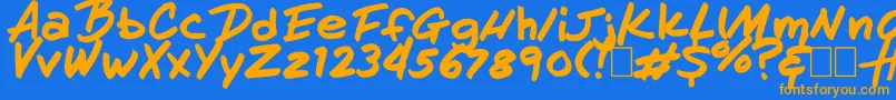 フォントHandOfHenry – オレンジ色の文字が青い背景にあります。