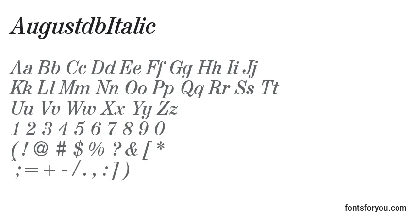A fonte AugustdbItalic – alfabeto, números, caracteres especiais