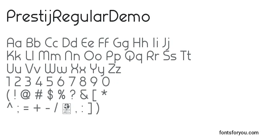 Schriftart PrestijRegularDemo – Alphabet, Zahlen, spezielle Symbole
