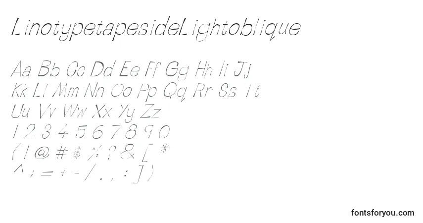 Czcionka LinotypetapesideLightoblique – alfabet, cyfry, specjalne znaki