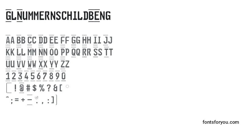 Czcionka GlNummernschildBEng – alfabet, cyfry, specjalne znaki