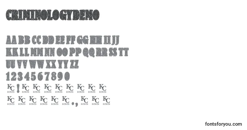 Schriftart Criminologydemo – Alphabet, Zahlen, spezielle Symbole