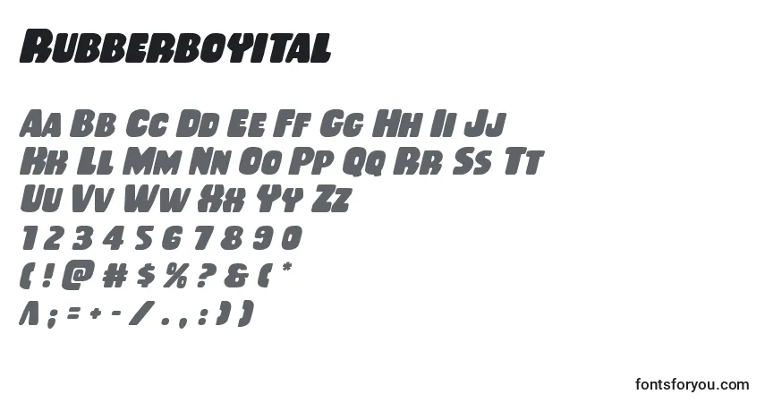 Schriftart Rubberboyital – Alphabet, Zahlen, spezielle Symbole