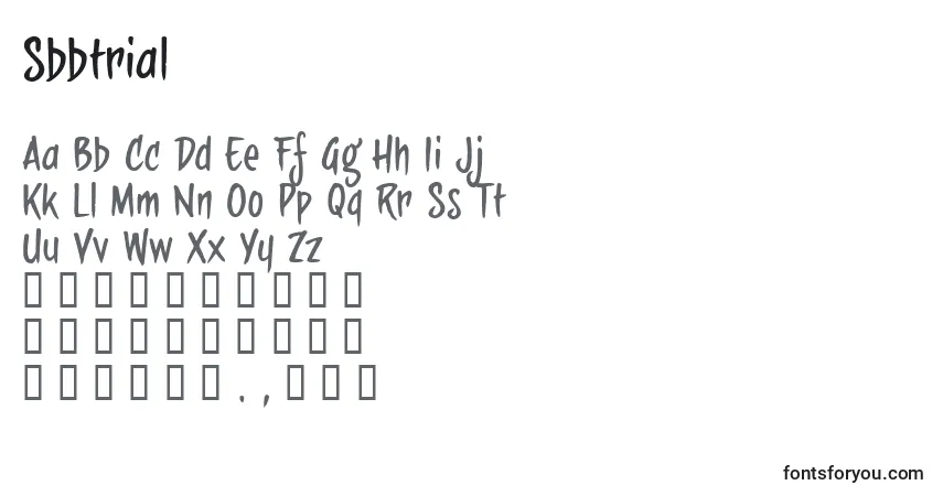 Czcionka Sbbtrial – alfabet, cyfry, specjalne znaki