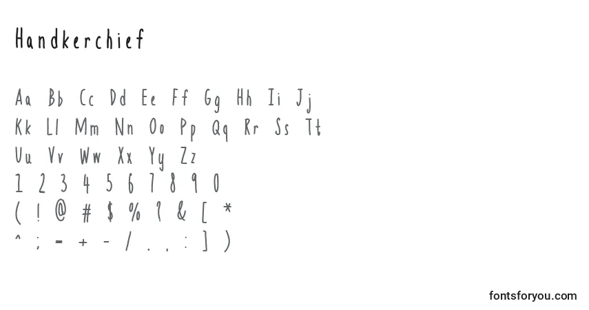 Czcionka Handkerchief – alfabet, cyfry, specjalne znaki