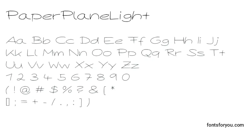 Czcionka PaperPlaneLight – alfabet, cyfry, specjalne znaki