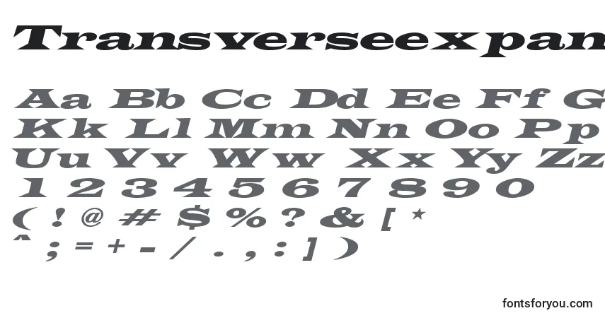 Schriftart TransverseexpandedsskItalic – Alphabet, Zahlen, spezielle Symbole