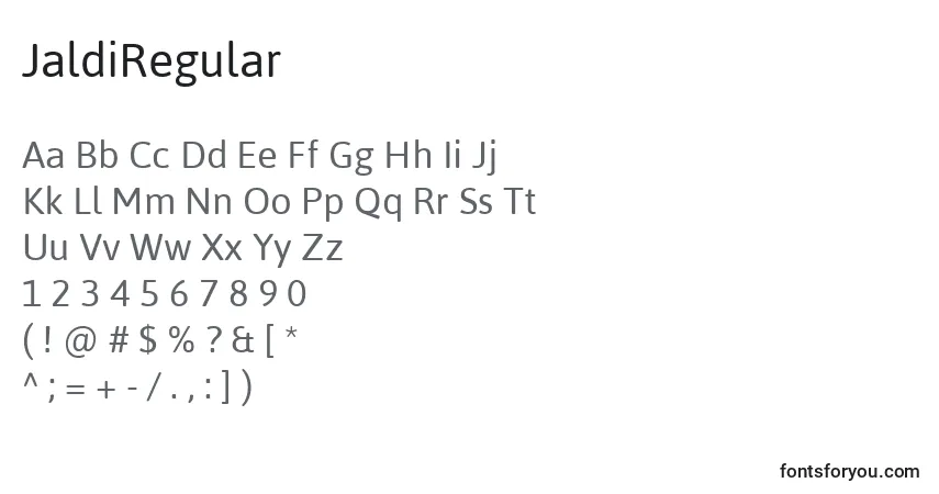 JaldiRegular-fontti – aakkoset, numerot, erikoismerkit