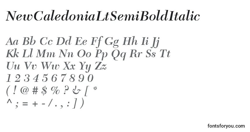 A fonte NewCaledoniaLtSemiBoldItalic – alfabeto, números, caracteres especiais
