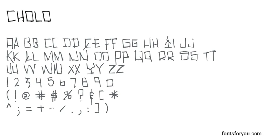 A fonte Cholo – alfabeto, números, caracteres especiais