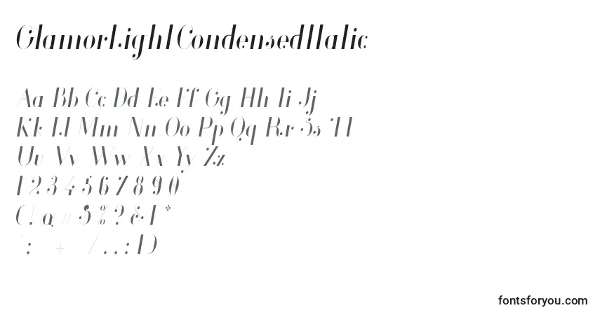 Schriftart GlamorLightCondensedItalic – Alphabet, Zahlen, spezielle Symbole