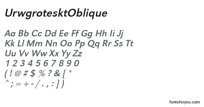 Czcionka UrwgrotesktOblique – alfabet, cyfry, specjalne znaki