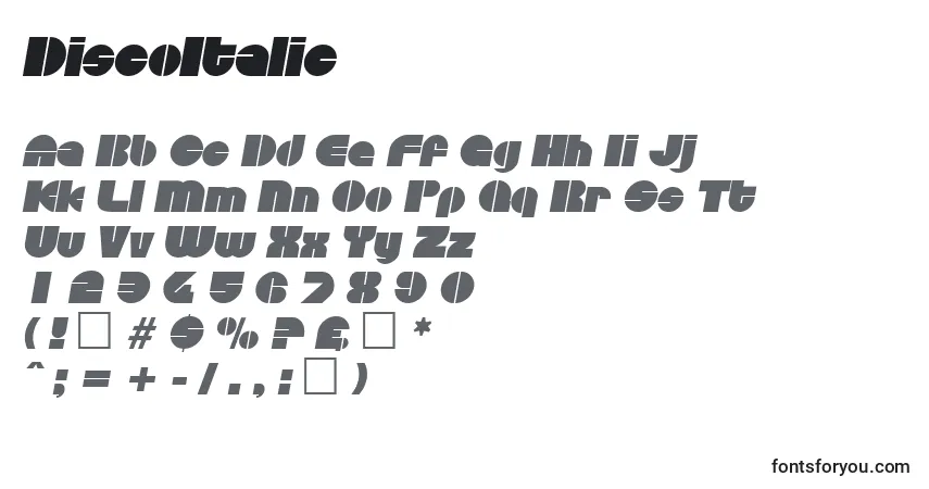 Шрифт DiscoItalic – алфавит, цифры, специальные символы