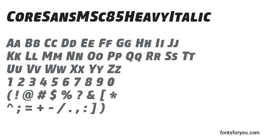 Czcionka CoreSansMSc85HeavyItalic – alfabet, cyfry, specjalne znaki