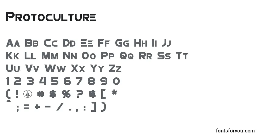A fonte Protoculture – alfabeto, números, caracteres especiais