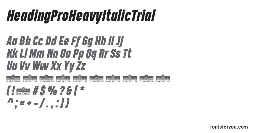 Czcionka HeadingProHeavyItalicTrial – alfabet, cyfry, specjalne znaki