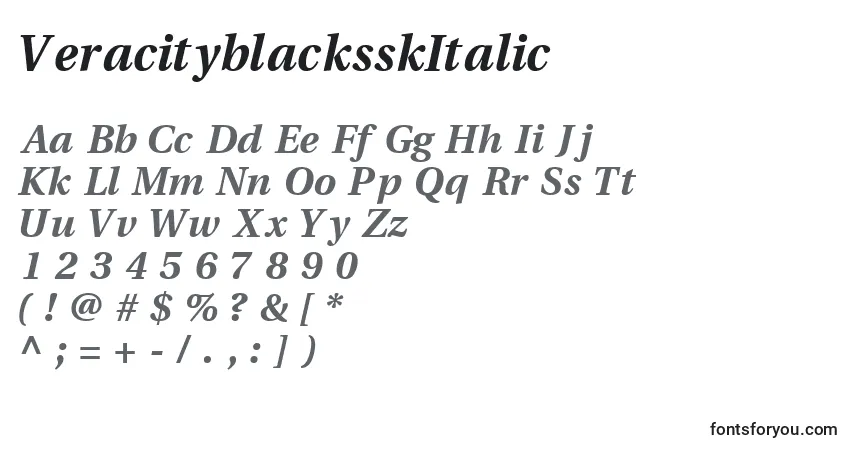 Czcionka VeracityblacksskItalic – alfabet, cyfry, specjalne znaki