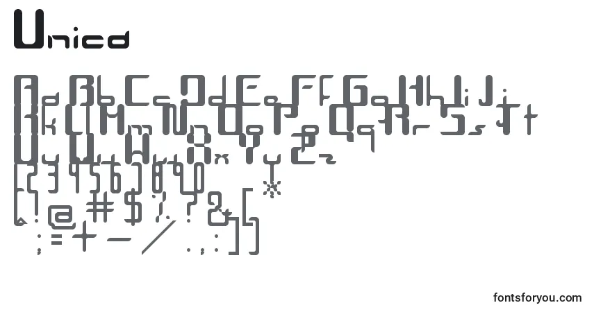 Schriftart Unica – Alphabet, Zahlen, spezielle Symbole