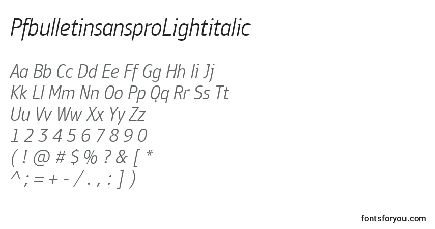 Czcionka PfbulletinsansproLightitalic – alfabet, cyfry, specjalne znaki