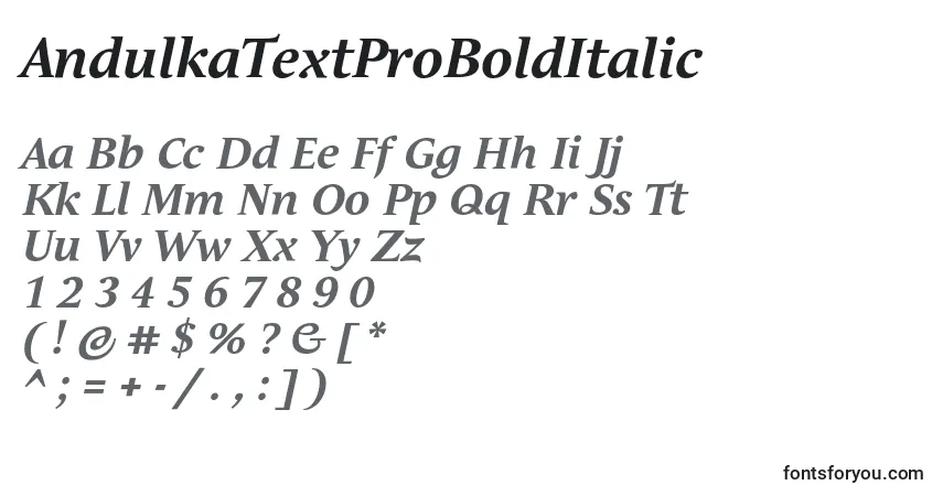 Schriftart AndulkaTextProBoldItalic – Alphabet, Zahlen, spezielle Symbole