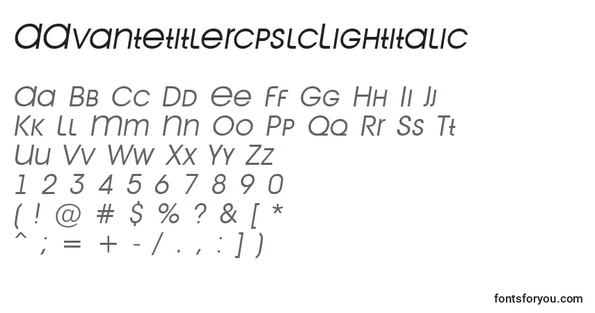 Czcionka AAvantetitlercpslcLightitalic – alfabet, cyfry, specjalne znaki