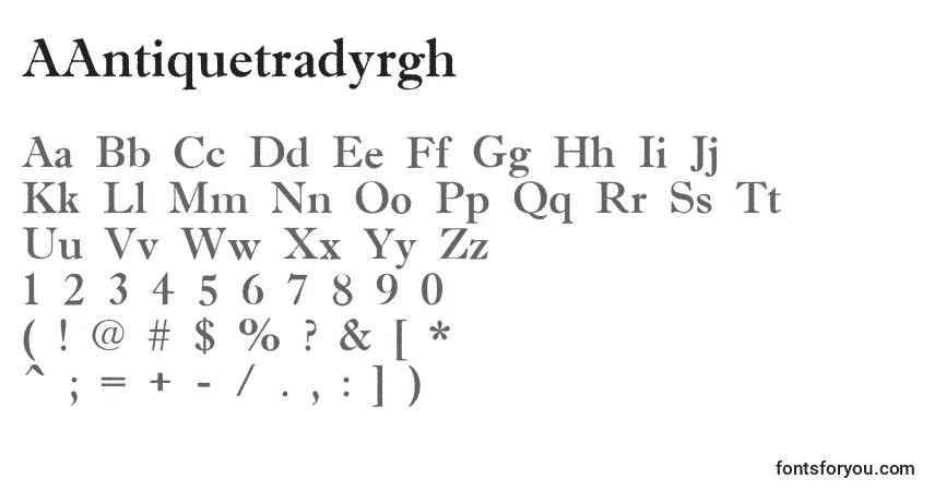Czcionka AAntiquetradyrgh – alfabet, cyfry, specjalne znaki