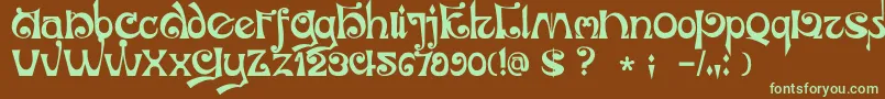 フォントDkJubileum – 緑色の文字が茶色の背景にあります。